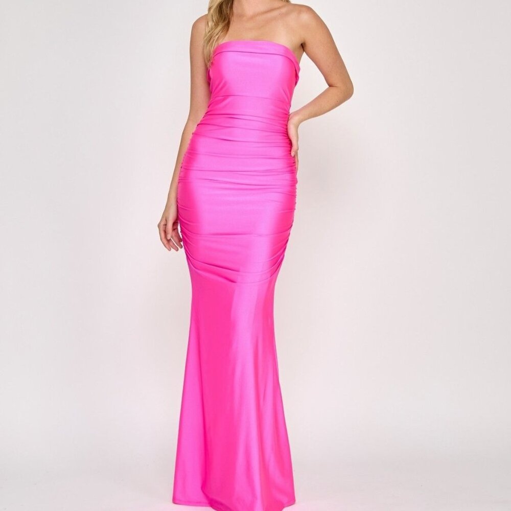 Crystal Doll Womens Juniors Strapless Satin Tube Gown Hot Pink Size 15 NWT